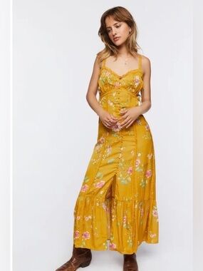 knee length dresses for ladies Farm Rio Yellow Flowering Garden Tree Organic Cotton Maxi Dress, Flowering Garden Tree Yellow / Xs